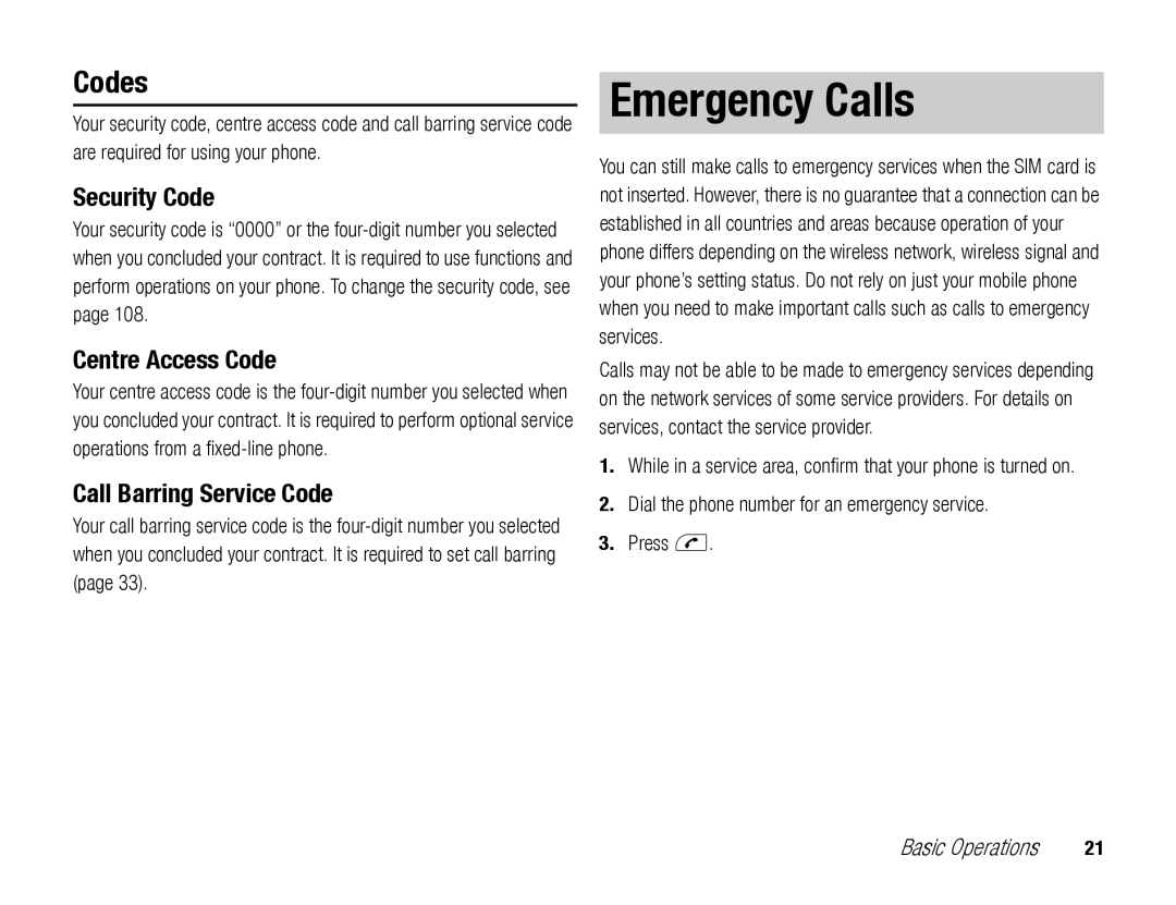 Toshiba TX80 manual Emergency Calls, Codes, Security Code, Centre Access Code, Call Barring Service Code 