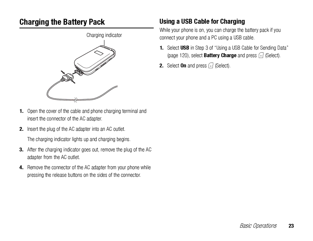 Toshiba TX80 Charging the Battery Pack, Using a USB Cable for Charging, Charging indicator, Select On and press J Select 