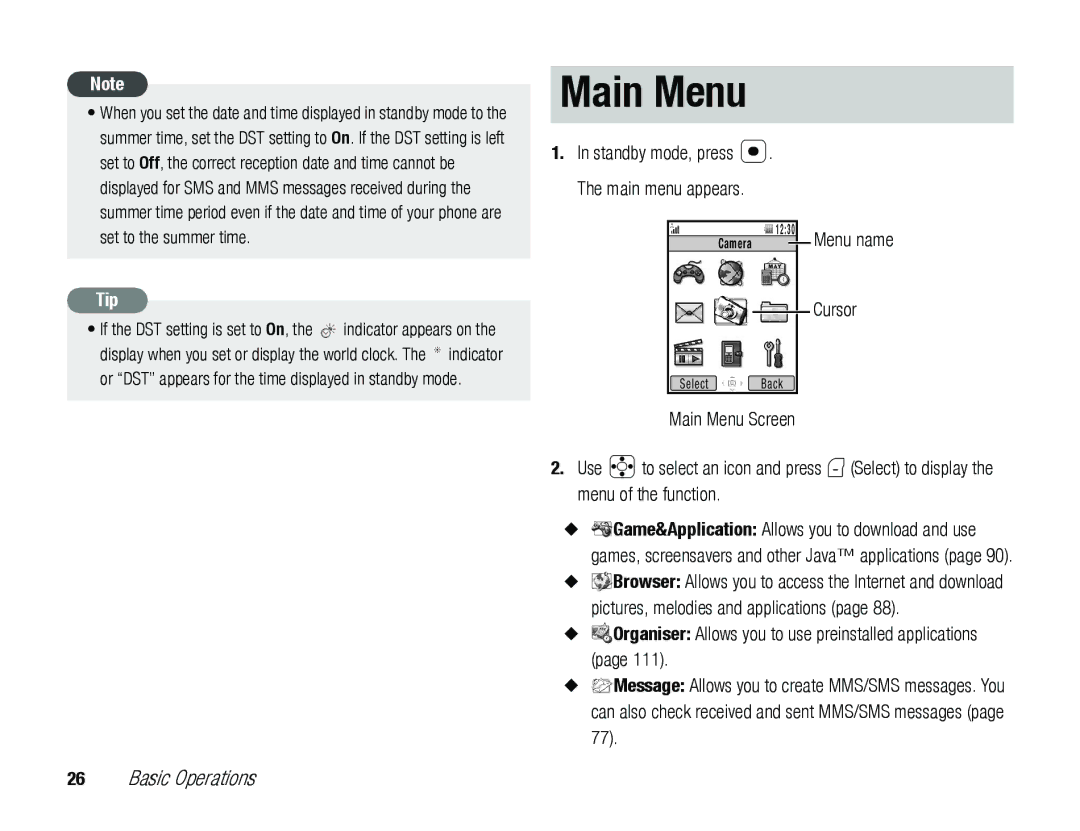 Toshiba TX80 manual Main Menu, Camera Menu name Cursor 