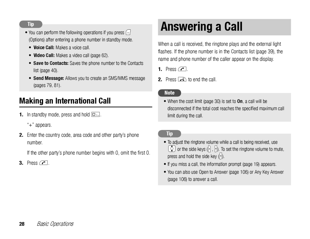 Toshiba TX80 manual Answering a Call, Making an International Call, Press N Press O to end the call 