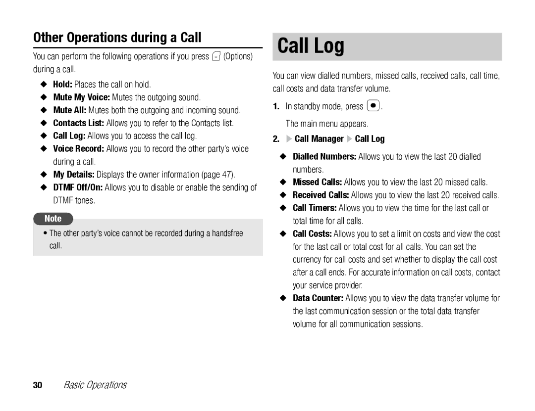 Toshiba TX80 manual Other Operations during a Call, Call Manager Call Log 