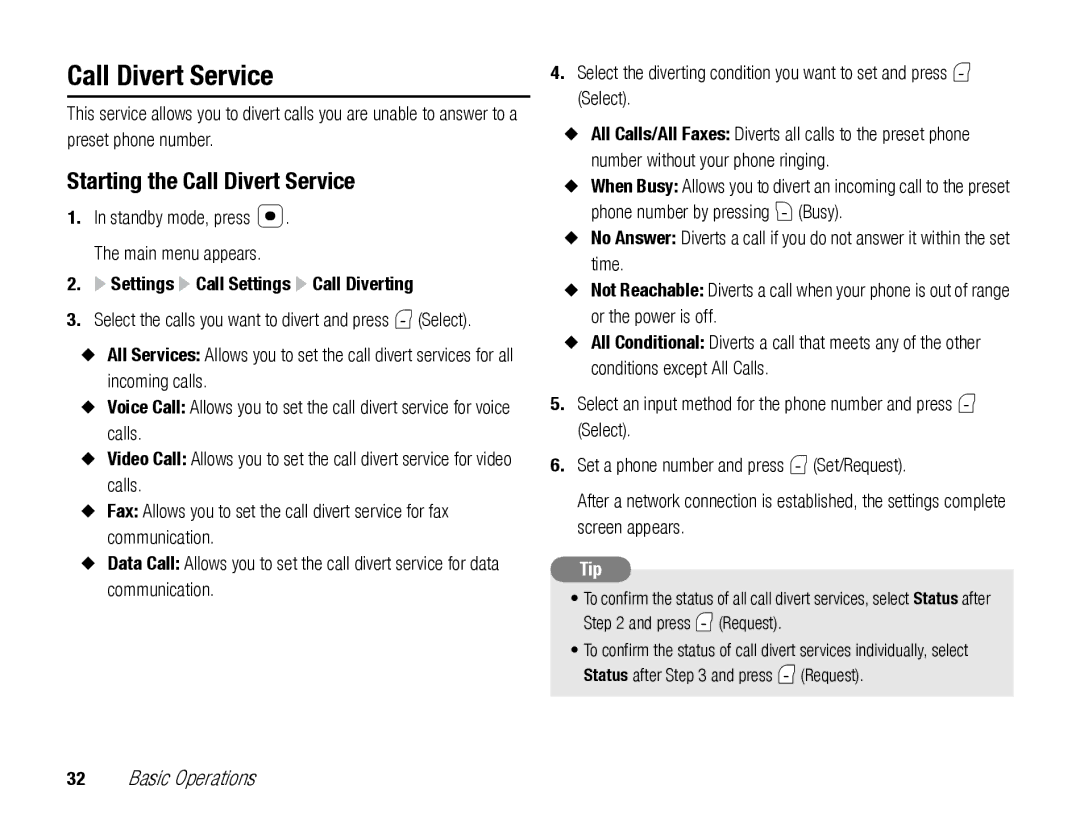 Toshiba TX80 manual Starting the Call Divert Service, Settings Call Settings Call Diverting 