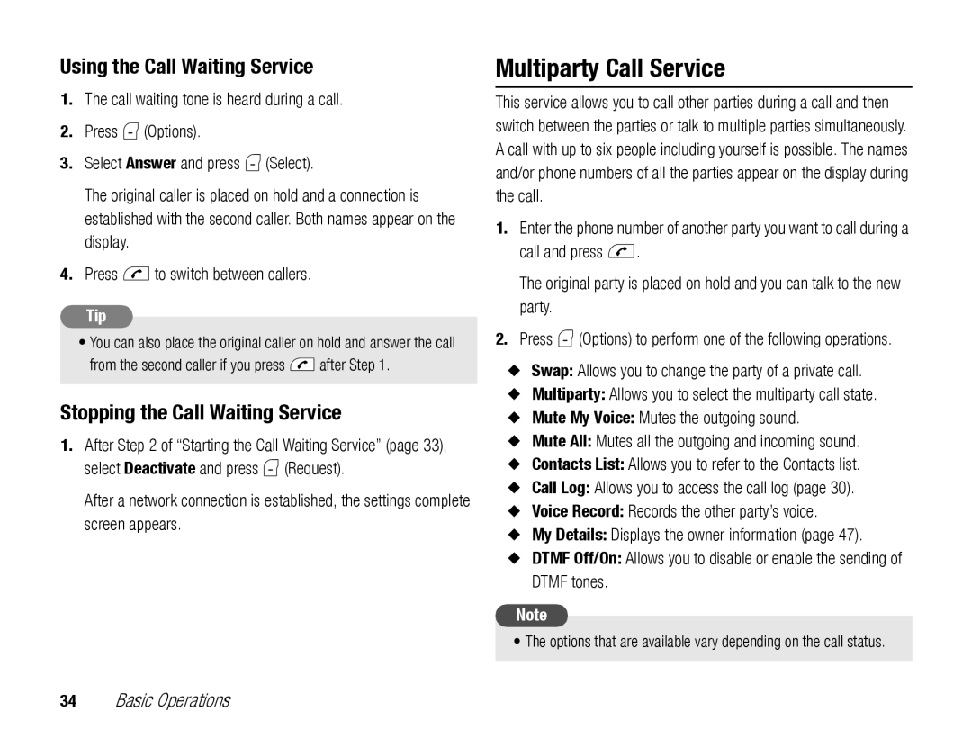 Toshiba TX80 manual Multiparty Call Service, Using the Call Waiting Service, Stopping the Call Waiting Service 