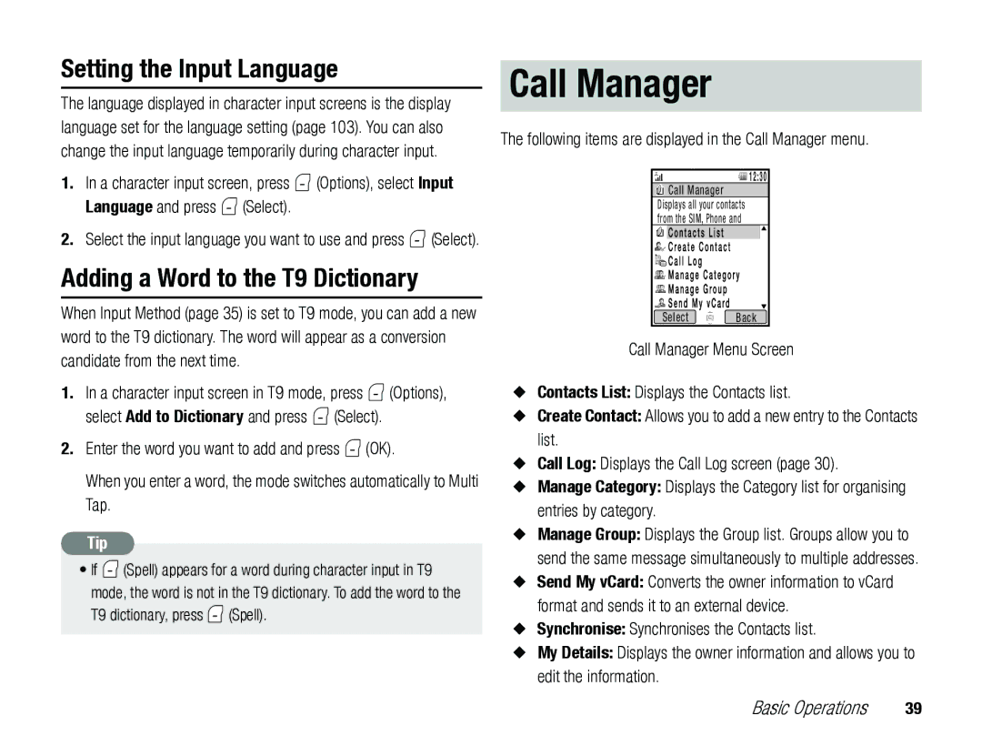 Toshiba TX80 manual Call Manager, Setting the Input Language, Adding a Word to the T9 Dictionary 