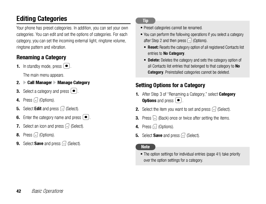 Toshiba TX80 manual Editing Categories, Renaming a Category, Setting Options for a Category, Call Manager Manage Category 