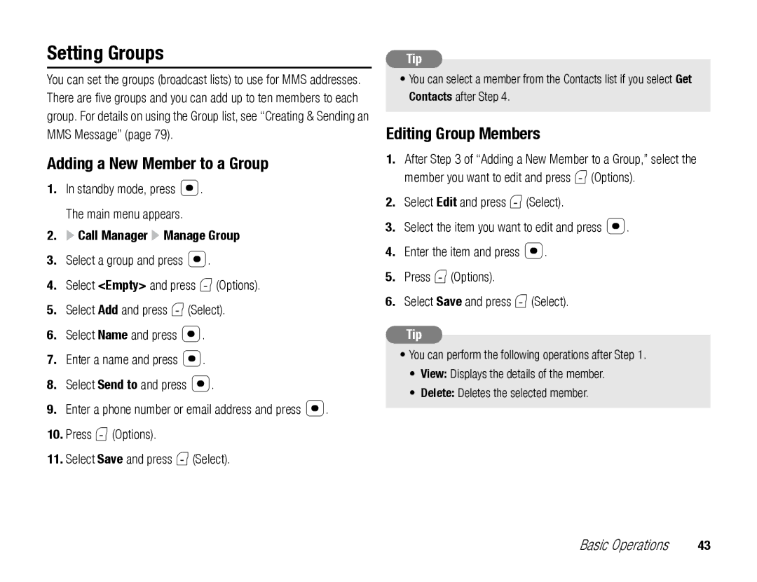 Toshiba TX80 manual Setting Groups, Adding a New Member to a Group, Editing Group Members, Call Manager Manage Group 