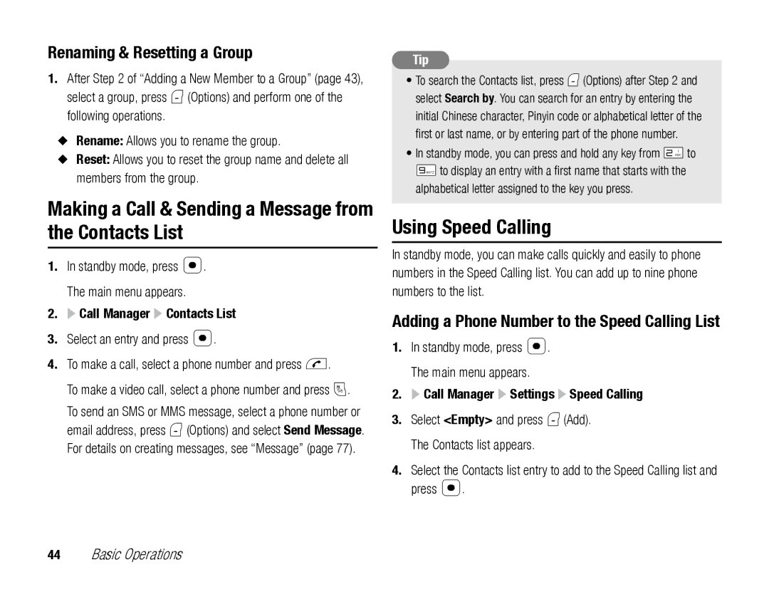 Toshiba TX80 Making a Call & Sending a Message from the Contacts List, Using Speed Calling, Renaming & Resetting a Group 