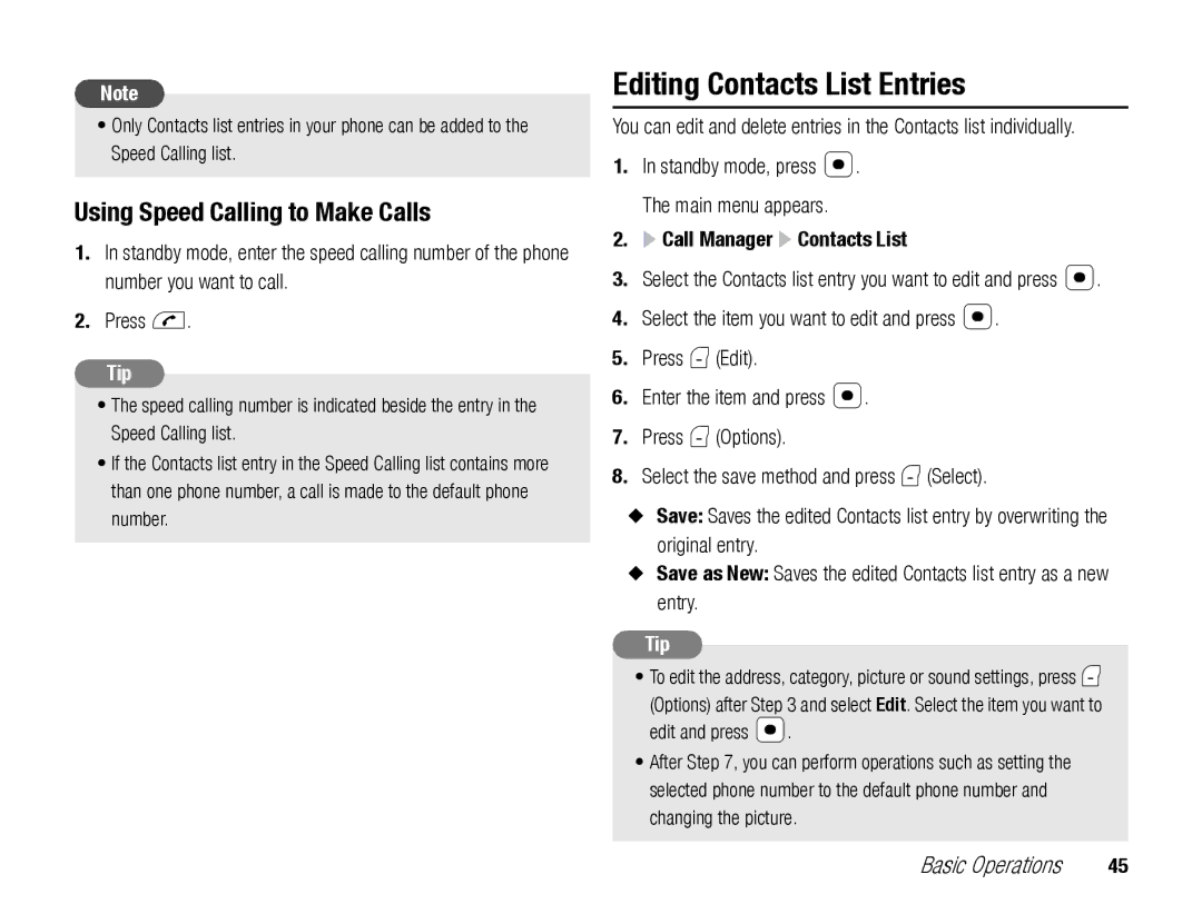 Toshiba TX80 manual Editing Contacts List Entries, Using Speed Calling to Make Calls 