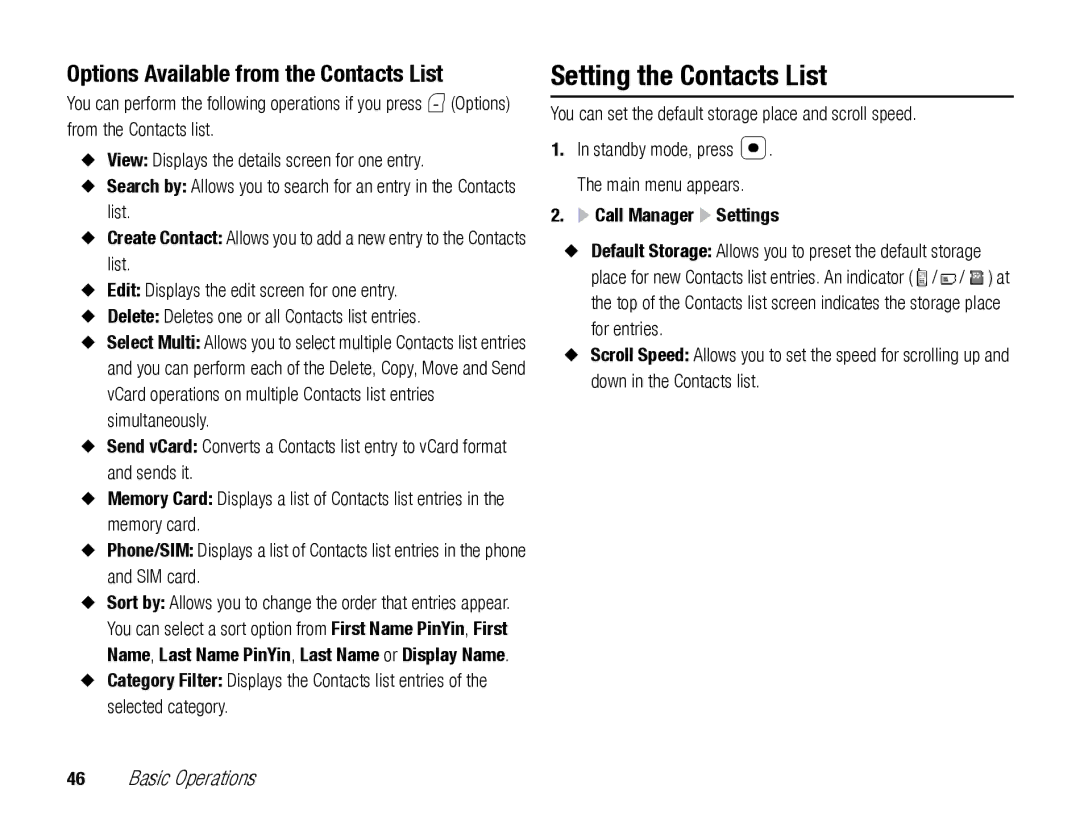 Toshiba TX80 manual Setting the Contacts List, Options Available from the Contacts List, Call Manager Settings 