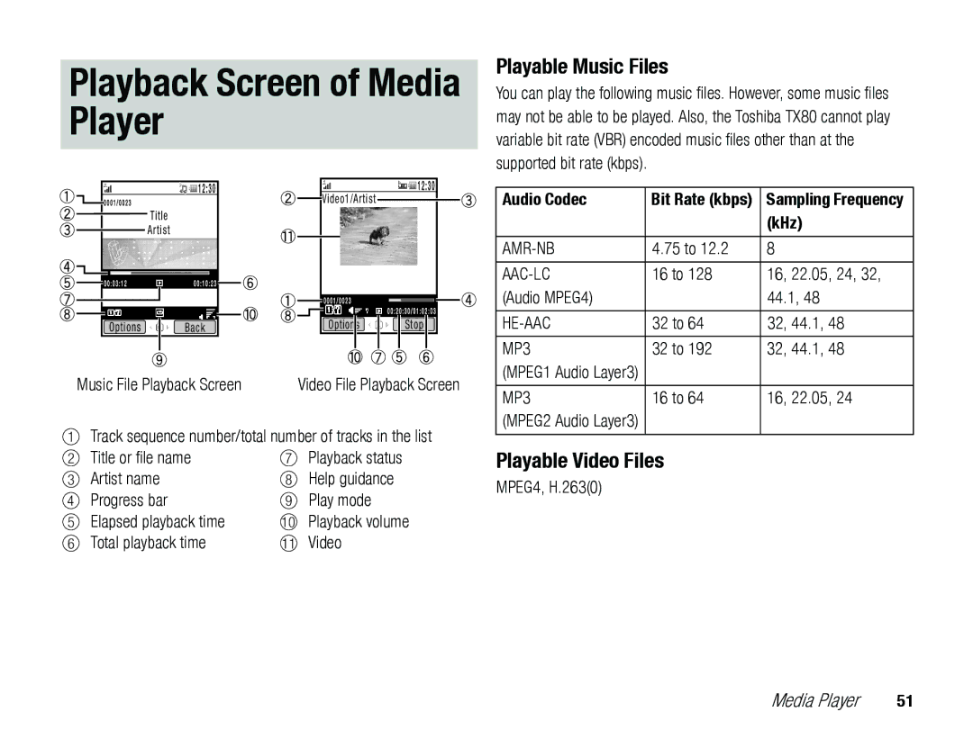 Toshiba TX80 manual Playback Screen of Media Player, Playable Music Files, Playable Video Files, Audio Codec, KHz 