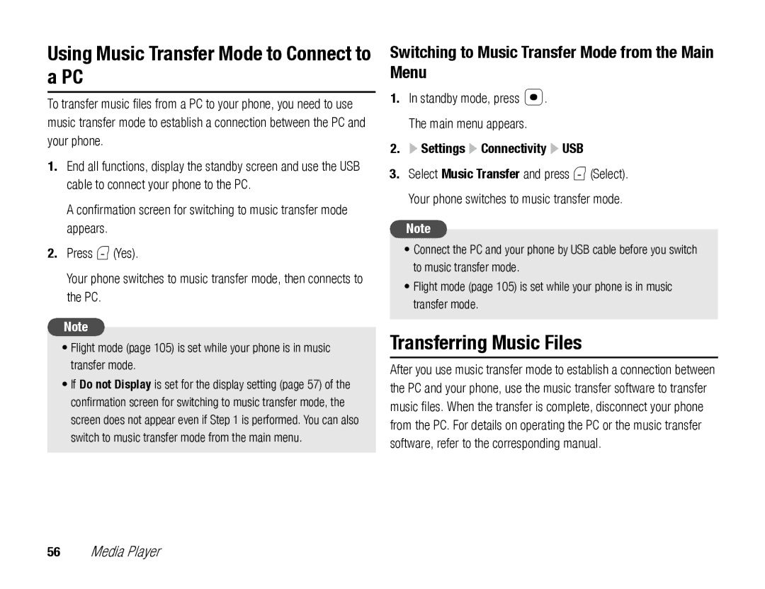 Toshiba TX80 manual Using Music Transfer Mode to Connect to a PC, Transferring Music Files, Settings Connectivity USB 