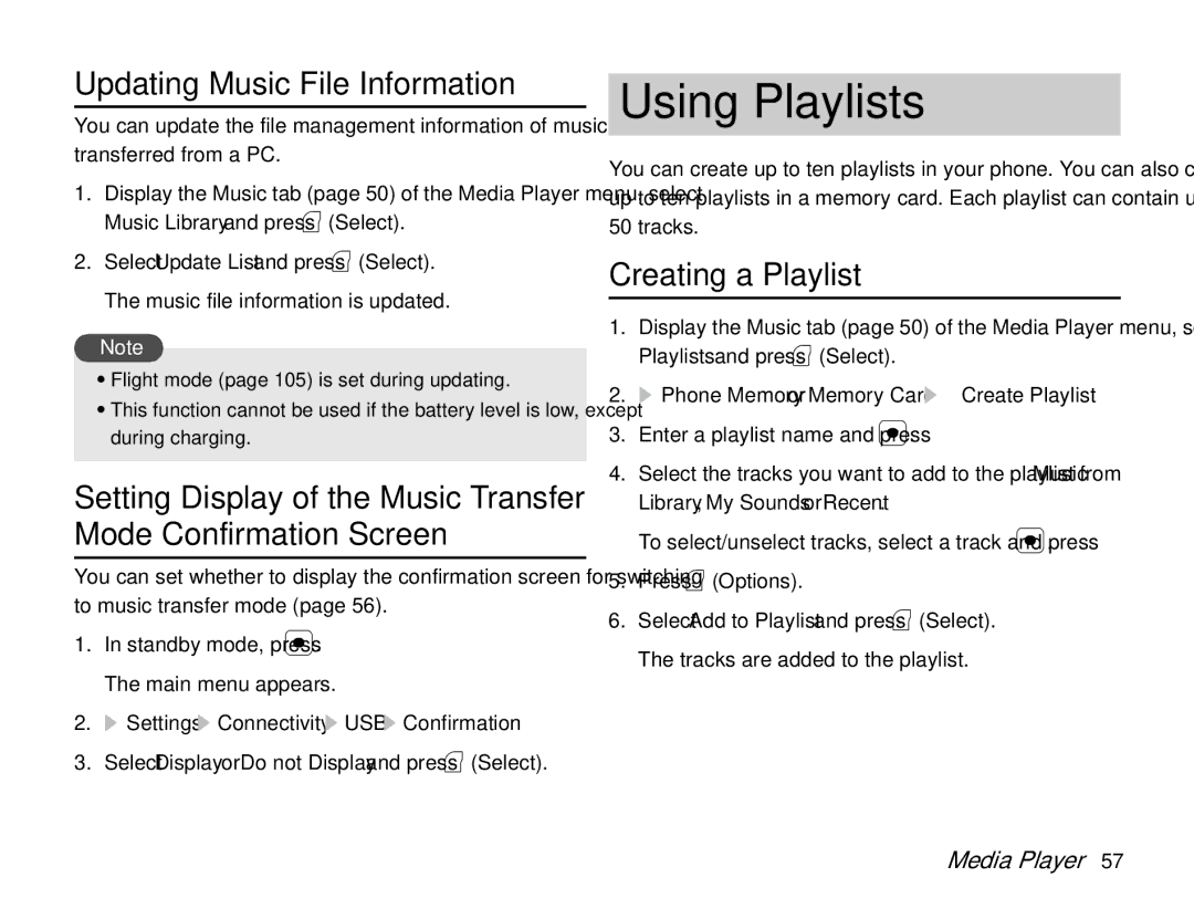 Toshiba TX80 Using Playlists, Updating Music File Information, Creating a Playlist, Settings Connectivity USB Confirmation 