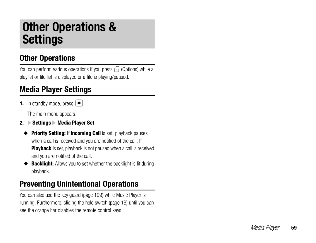 Toshiba TX80 manual Other Operations Settings, Media Player Settings, Preventing Unintentional Operations 