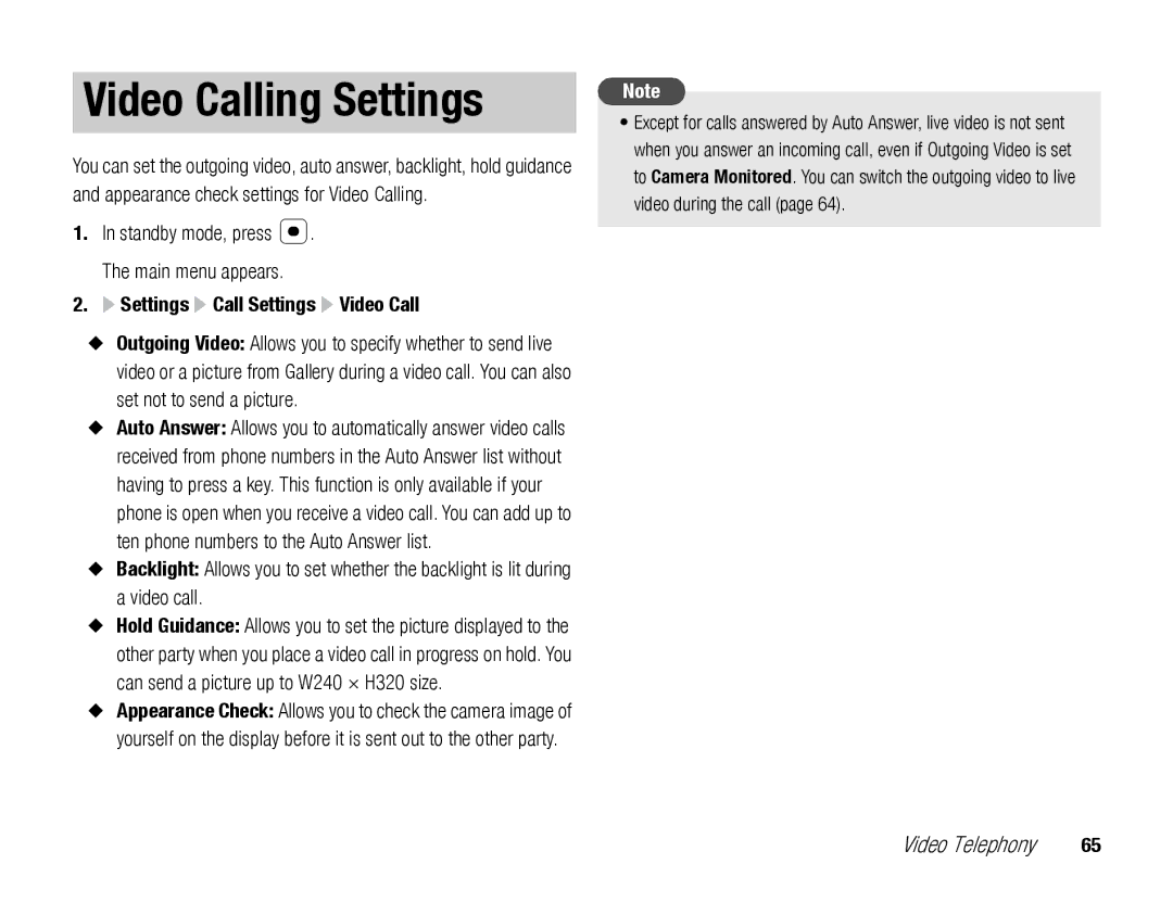 Toshiba TX80 manual Video Calling Settings, Settings Call Settings Video Call 