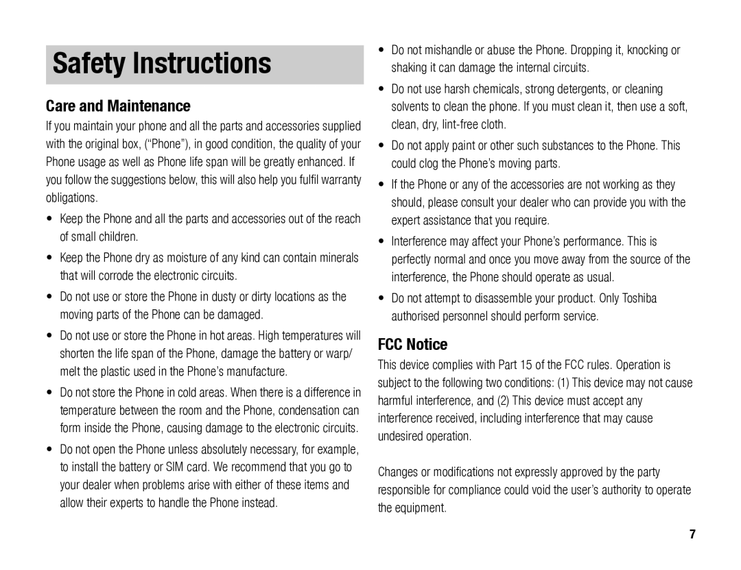 Toshiba TX80 manual Safety Instructions, Care and Maintenance, FCC Notice 