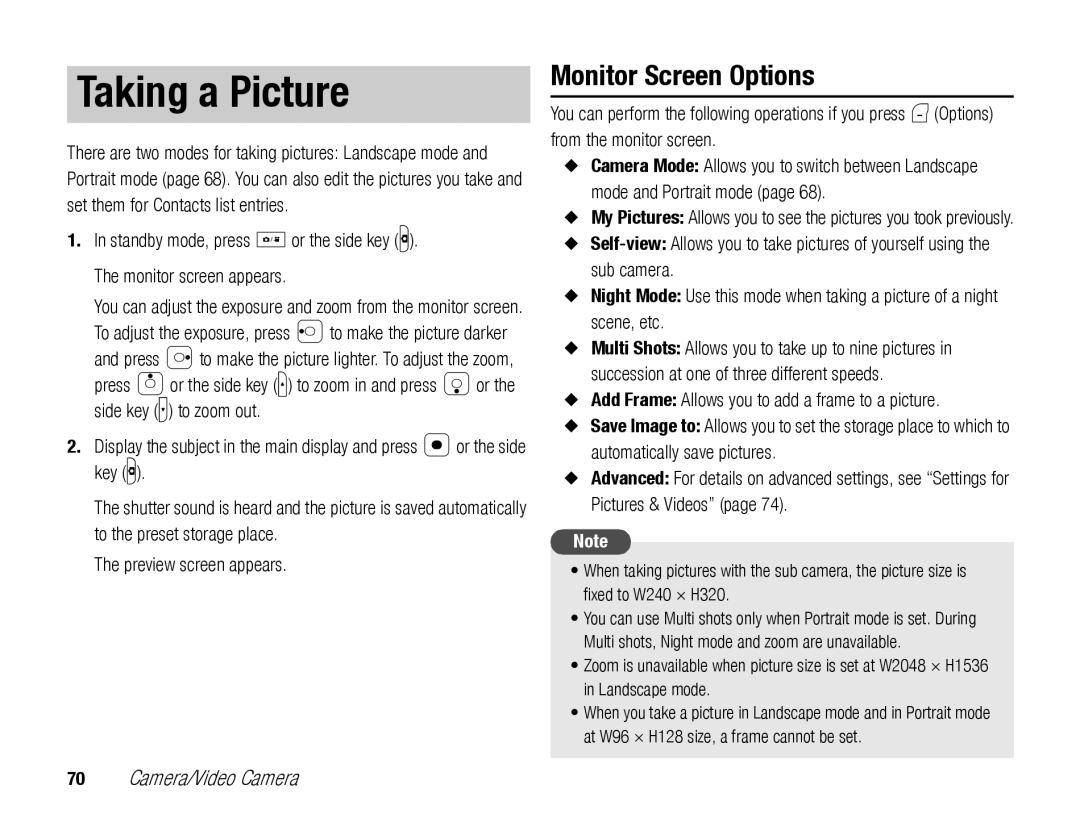 Toshiba TX80 manual Taking a Picture, Monitor Screen Options 