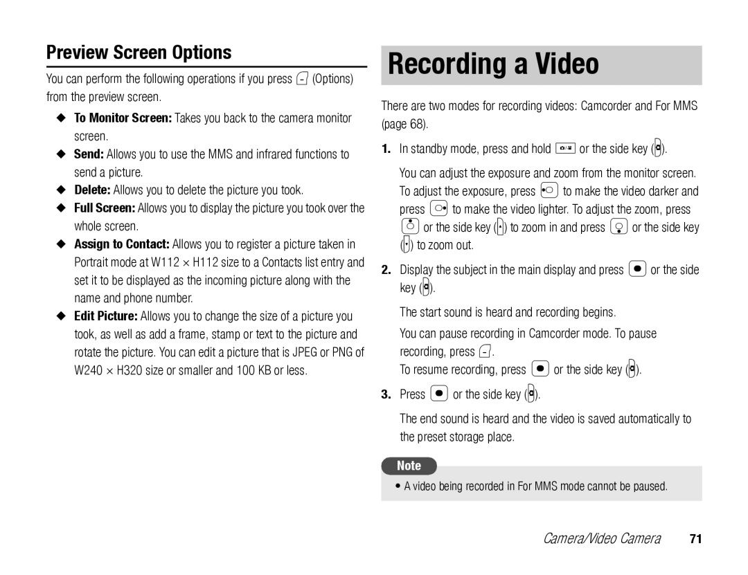 Toshiba TX80 manual Recording a Video, Preview Screen Options 