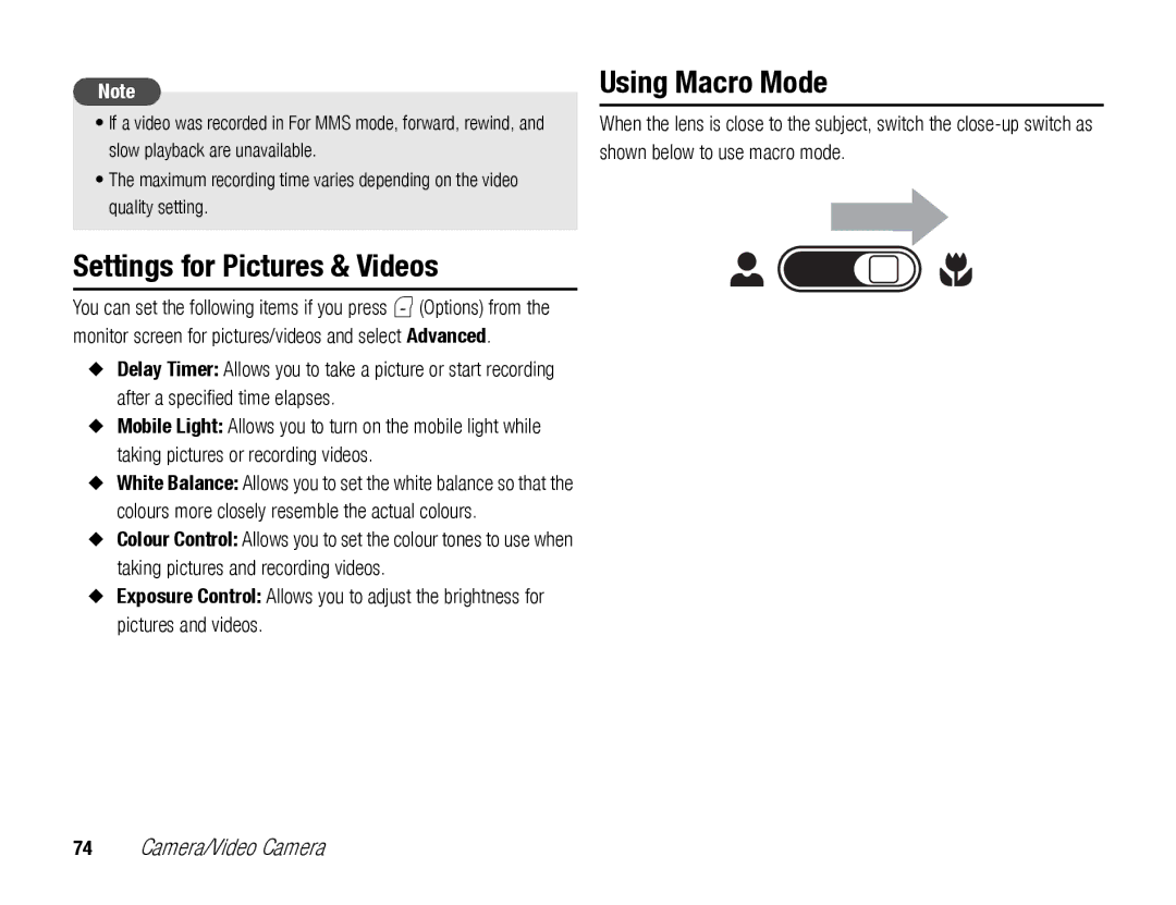 Toshiba TX80 manual Settings for Pictures & Videos, Using Macro Mode 