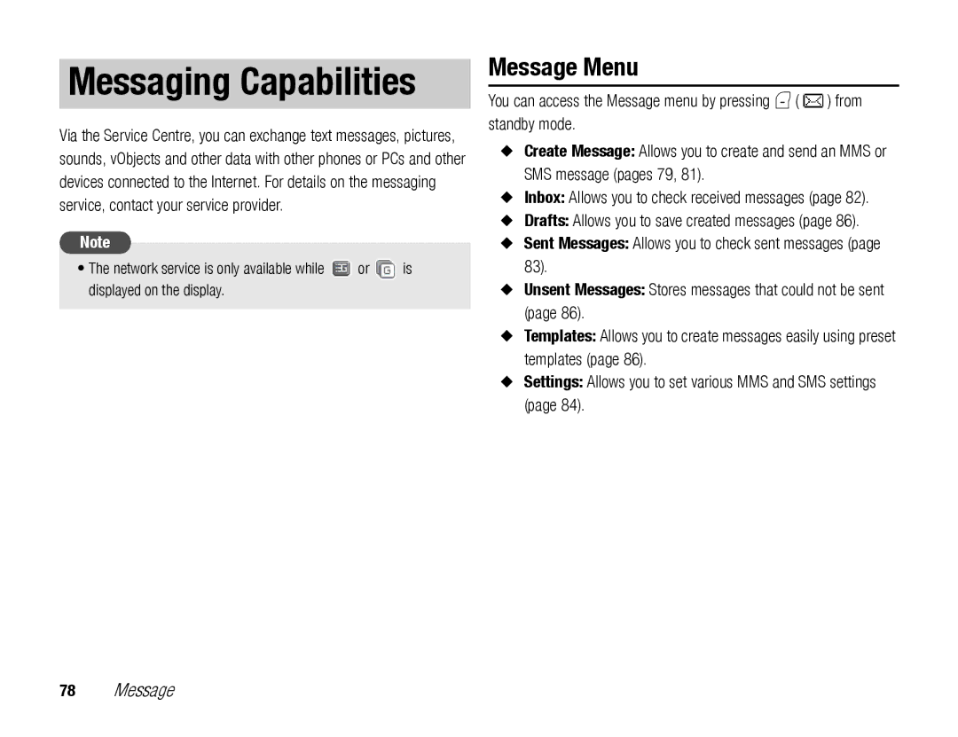 Toshiba TX80 manual Messaging Capabilities, Message Menu 