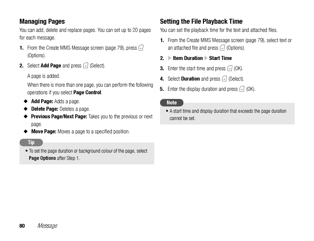 Toshiba TX80 Managing Pages, Setting the File Playback Time, Previous Page/Next Page Takes you to the previous or next 