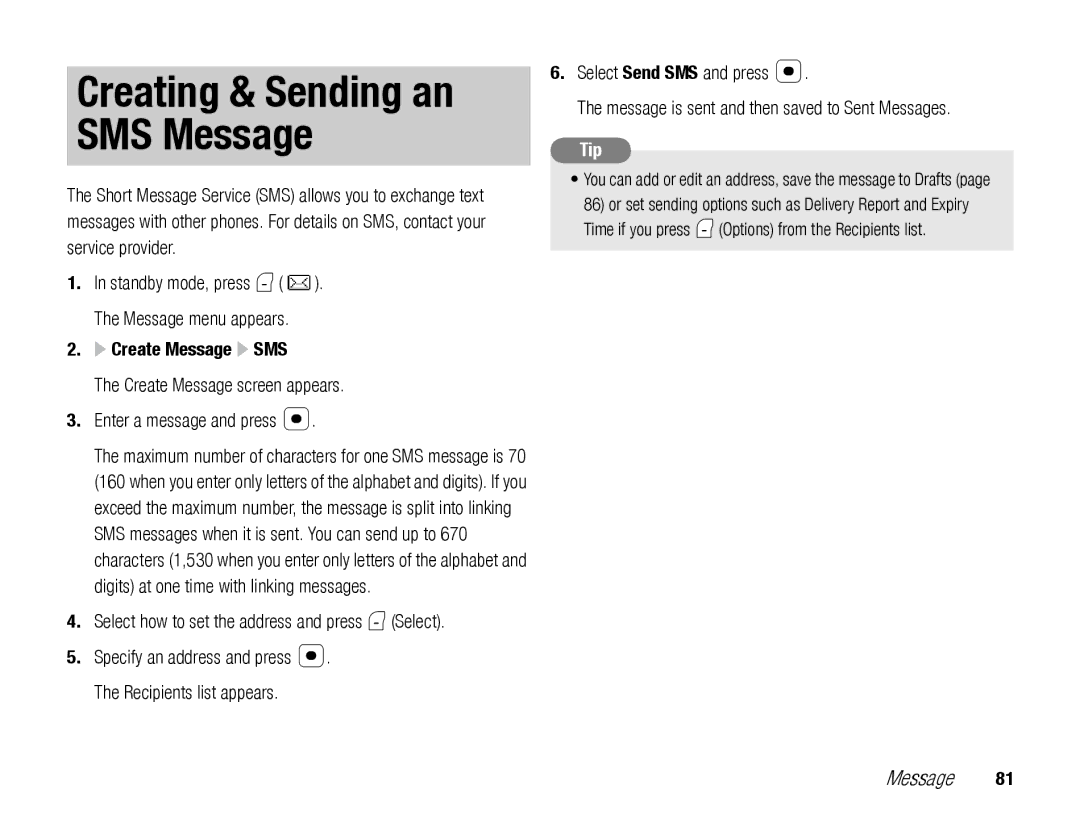 Toshiba TX80 manual Create Message SMS, Create Message screen appears Enter a message and press @ 