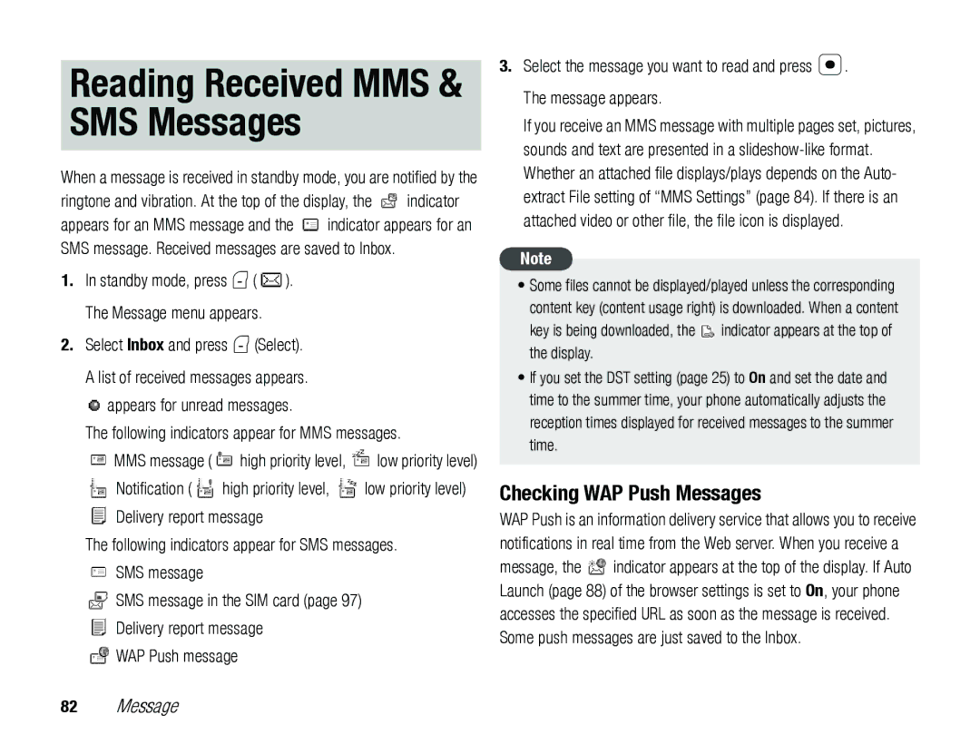 Toshiba TX80 manual Checking WAP Push Messages, Following indicators appear for MMS messages 