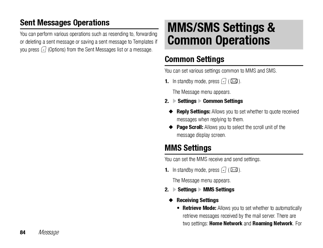 Toshiba TX80 manual Sent Messages Operations, MMS Settings, Settings Common Settings 