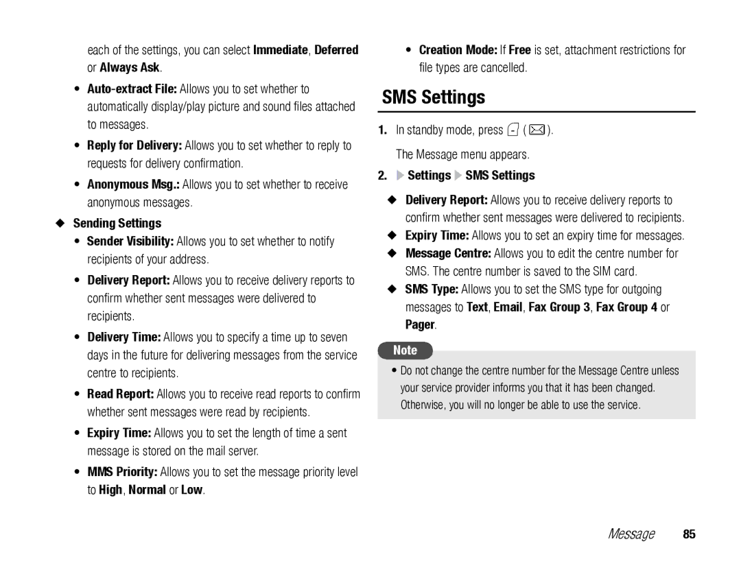 Toshiba TX80 manual Sending Settings, Settings SMS Settings 