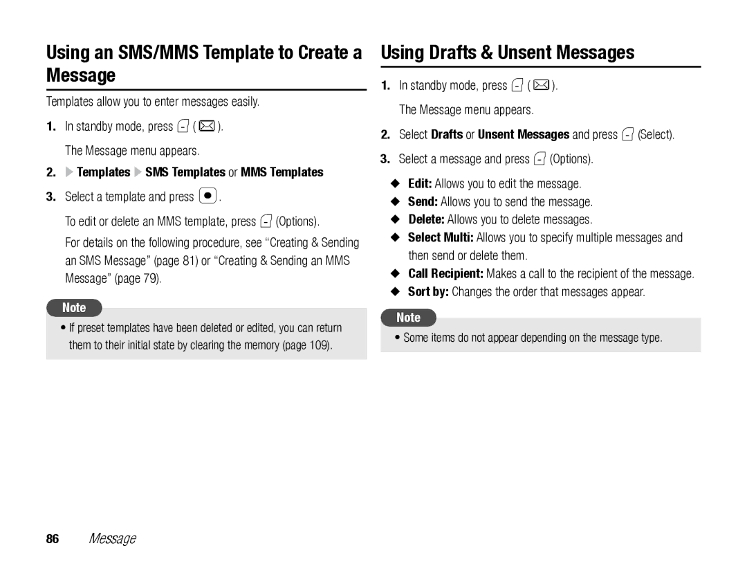 Toshiba TX80 manual Using an SMS/MMS Template to Create a Message, Using Drafts & Unsent Messages 