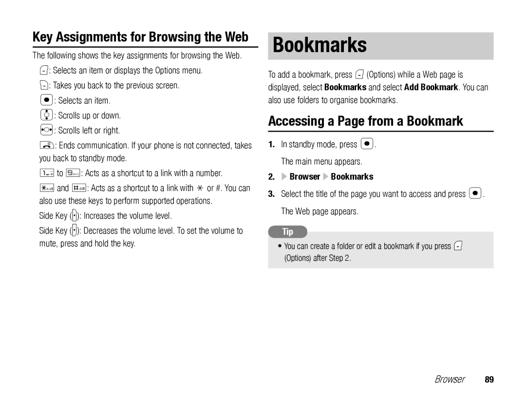 Toshiba TX80 manual Accessing a Page from a Bookmark, Key Assignments for Browsing the Web, Browser Bookmarks 