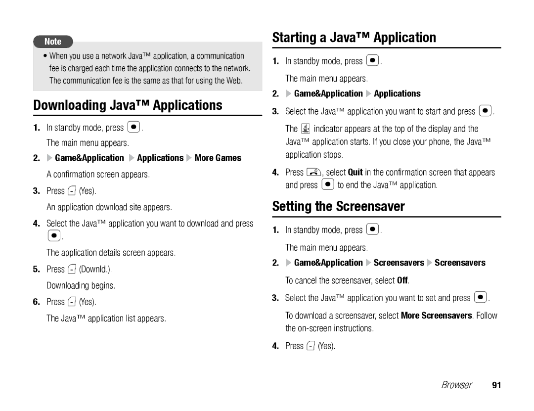 Toshiba TX80 manual Downloading Java Applications, Starting a Java Application, Setting the Screensaver 