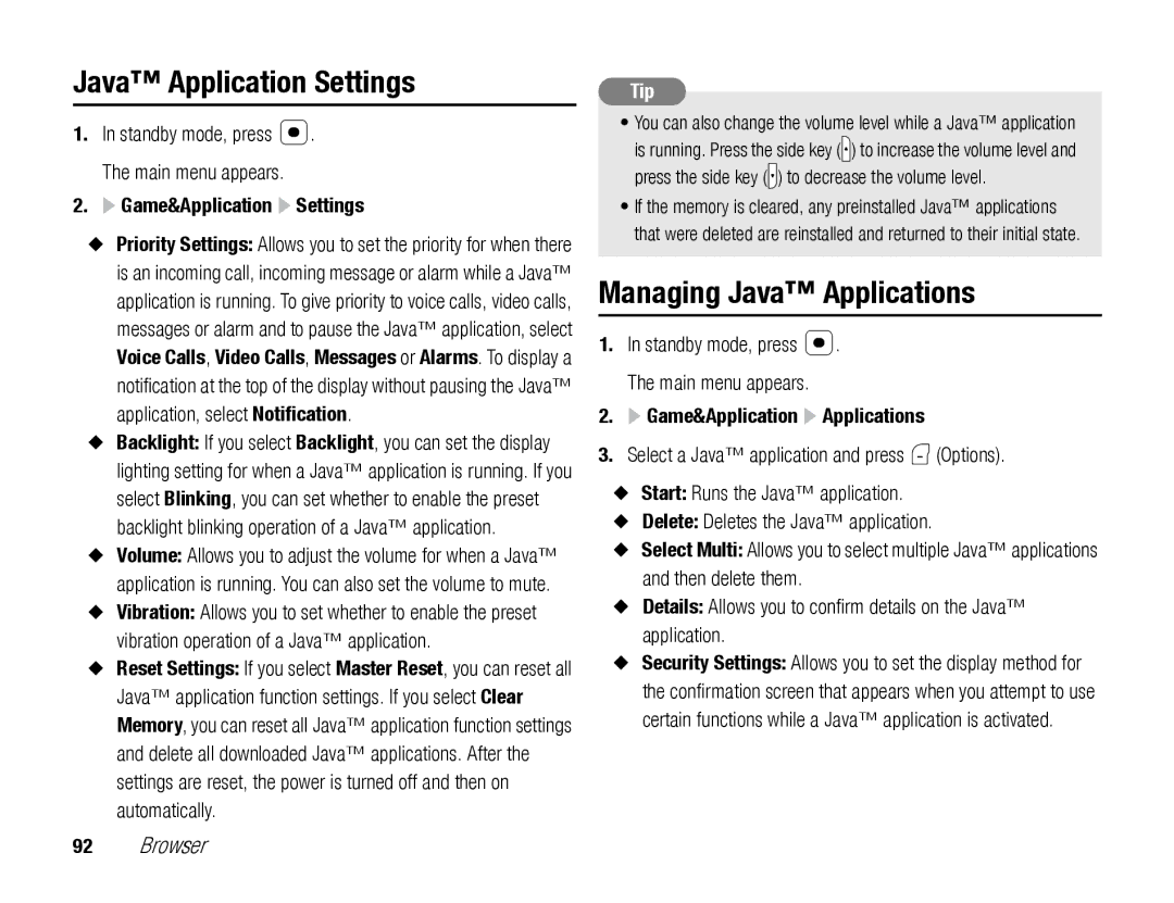 Toshiba TX80 manual Java Application Settings, Managing Java Applications, Game&Application Settings 