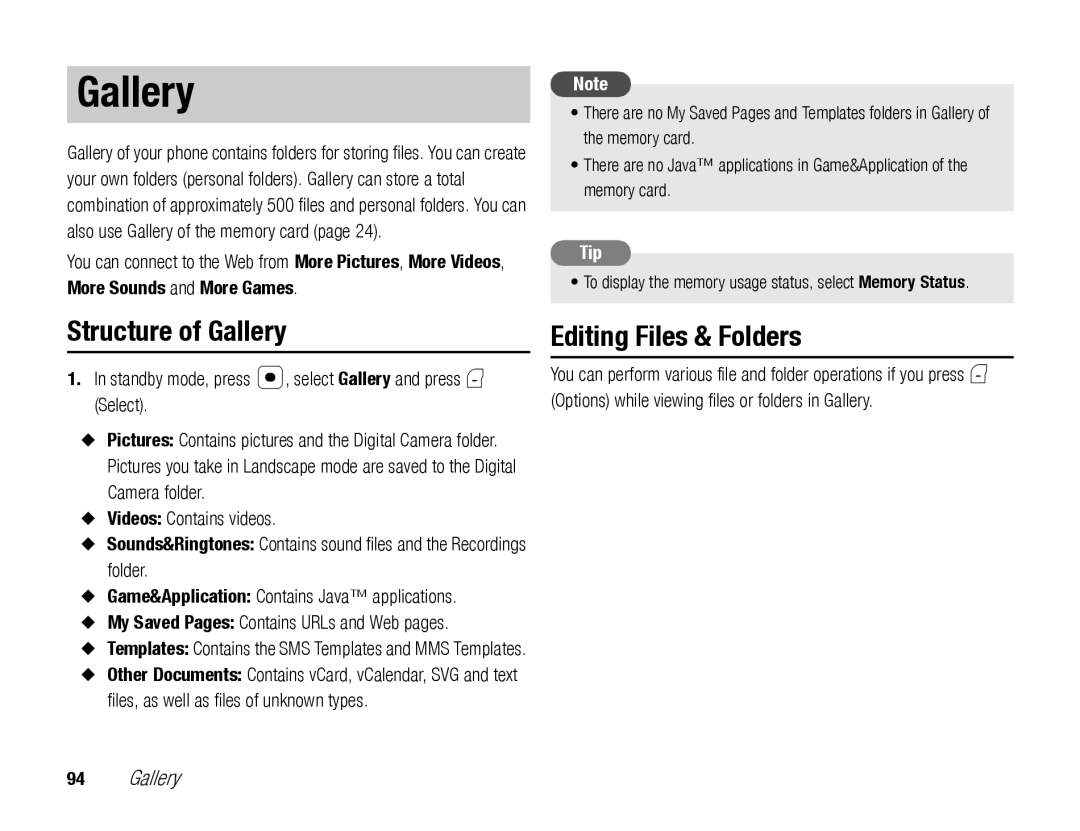 Toshiba TX80 manual Structure of Gallery, Editing Files & Folders 