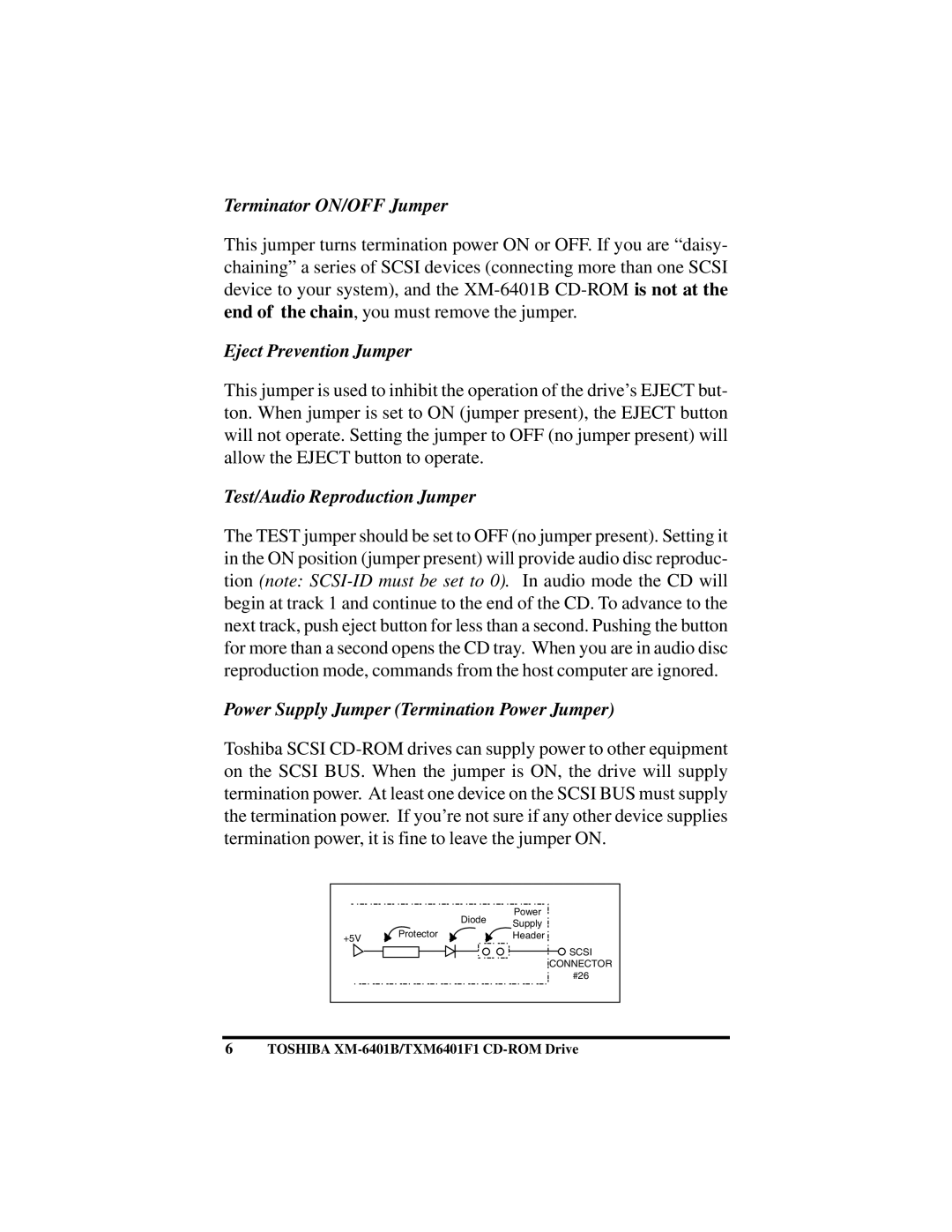 Toshiba (T)XM6401B/F1 instruction manual Terminator ON/OFF Jumper, Eject Prevention Jumper, Test/Audio Reproduction Jumper 