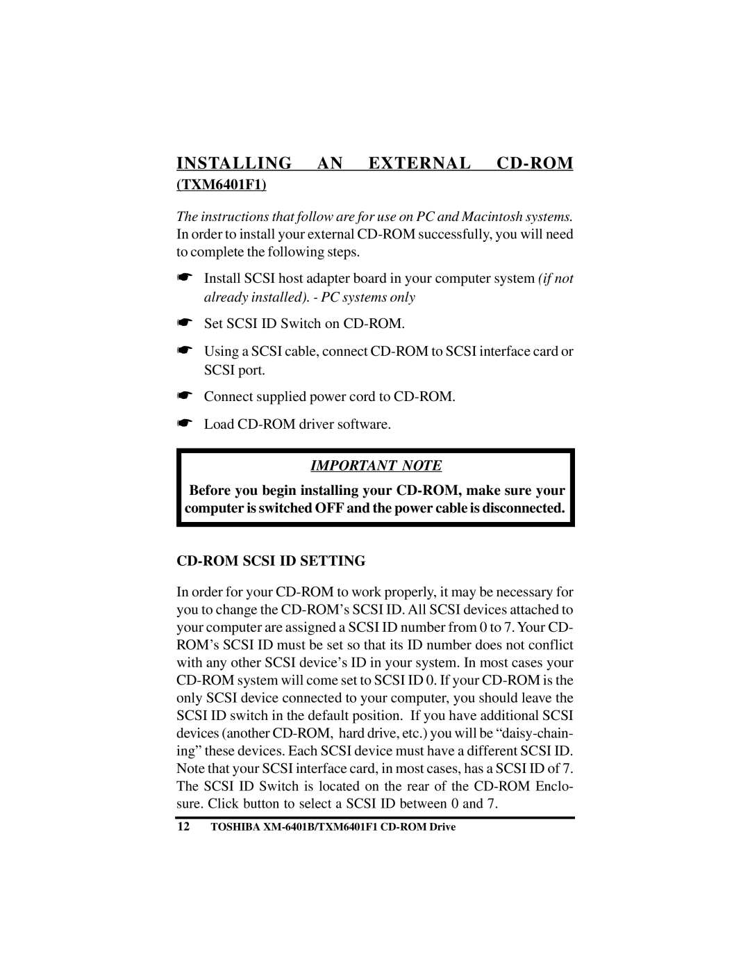 Toshiba (T)XM6401B/F1 instruction manual Installing AN External CD-ROM, CD-ROM Scsi ID Setting 