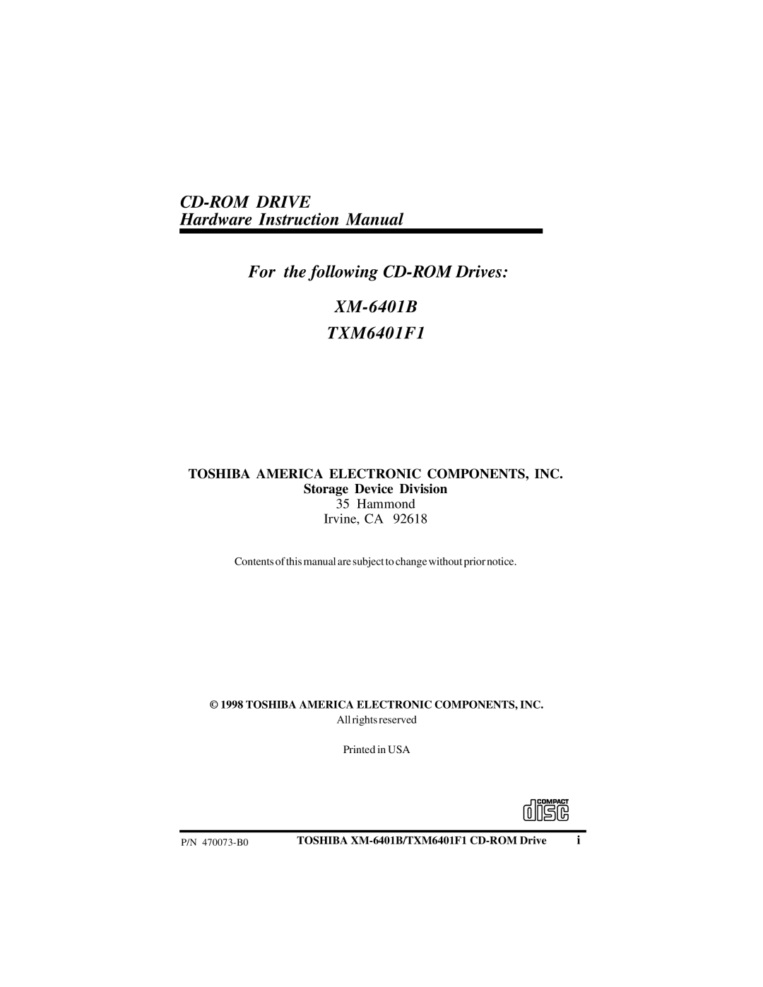 Toshiba (T)XM6401B/F1 instruction manual CD-ROM Drive 