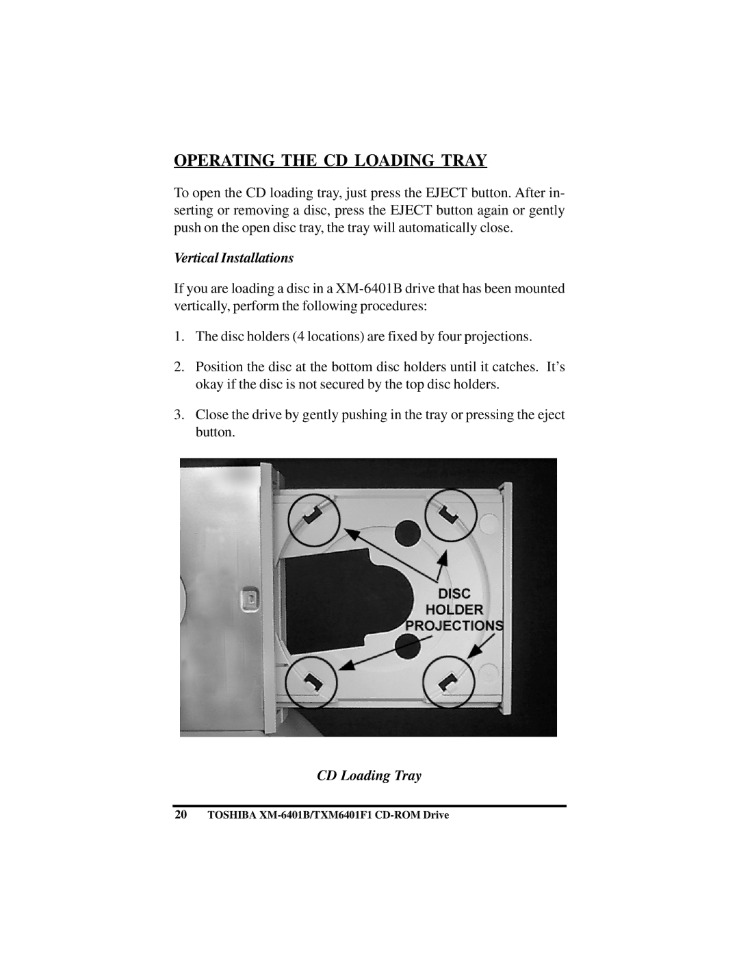 Toshiba (T)XM6401B/F1 instruction manual Operating the CD Loading Tray, Vertical Installations 