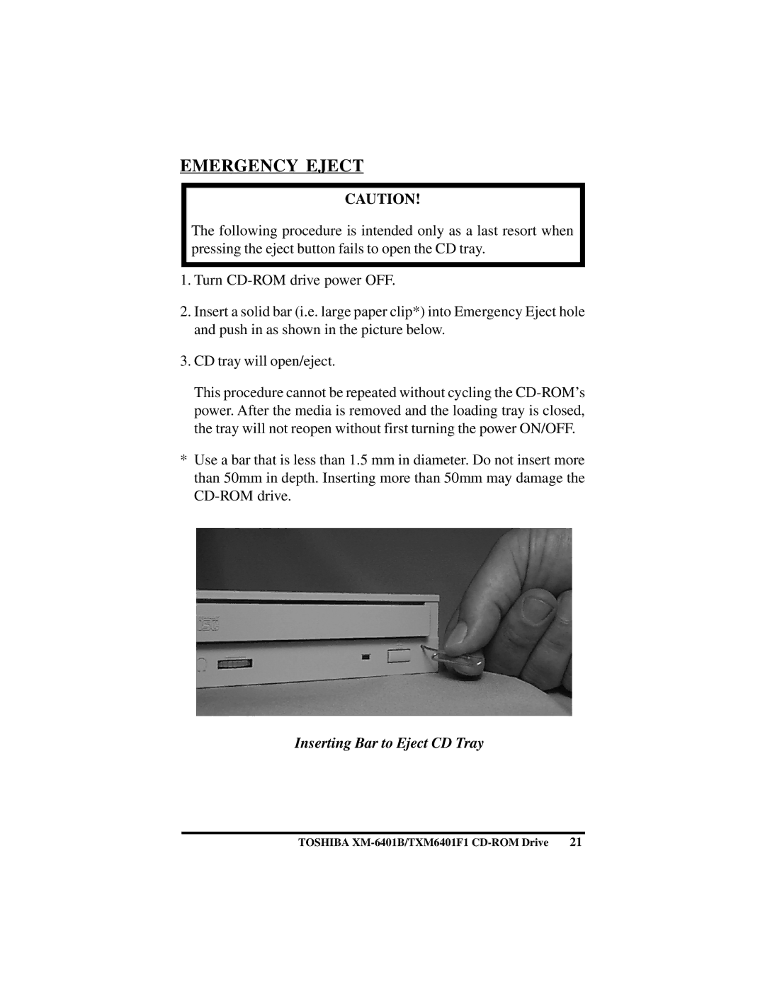 Toshiba (T)XM6401B/F1 instruction manual Emergency Eject, Inserting Bar to Eject CD Tray 