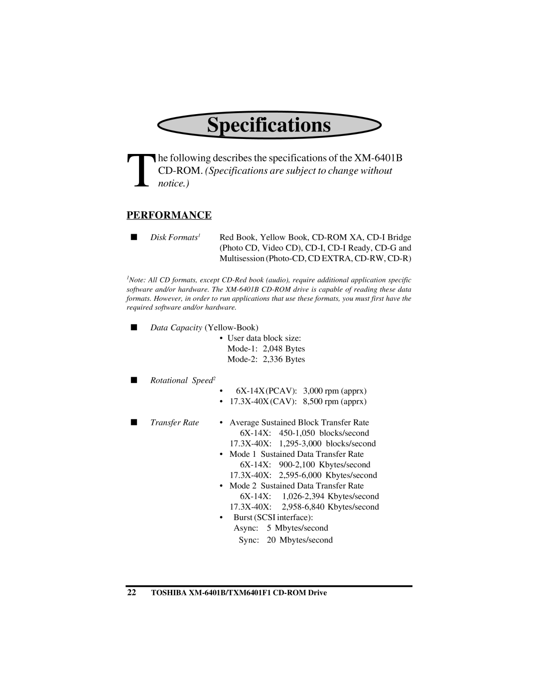 Toshiba (T)XM6401B/F1 instruction manual Specifications, Performance 