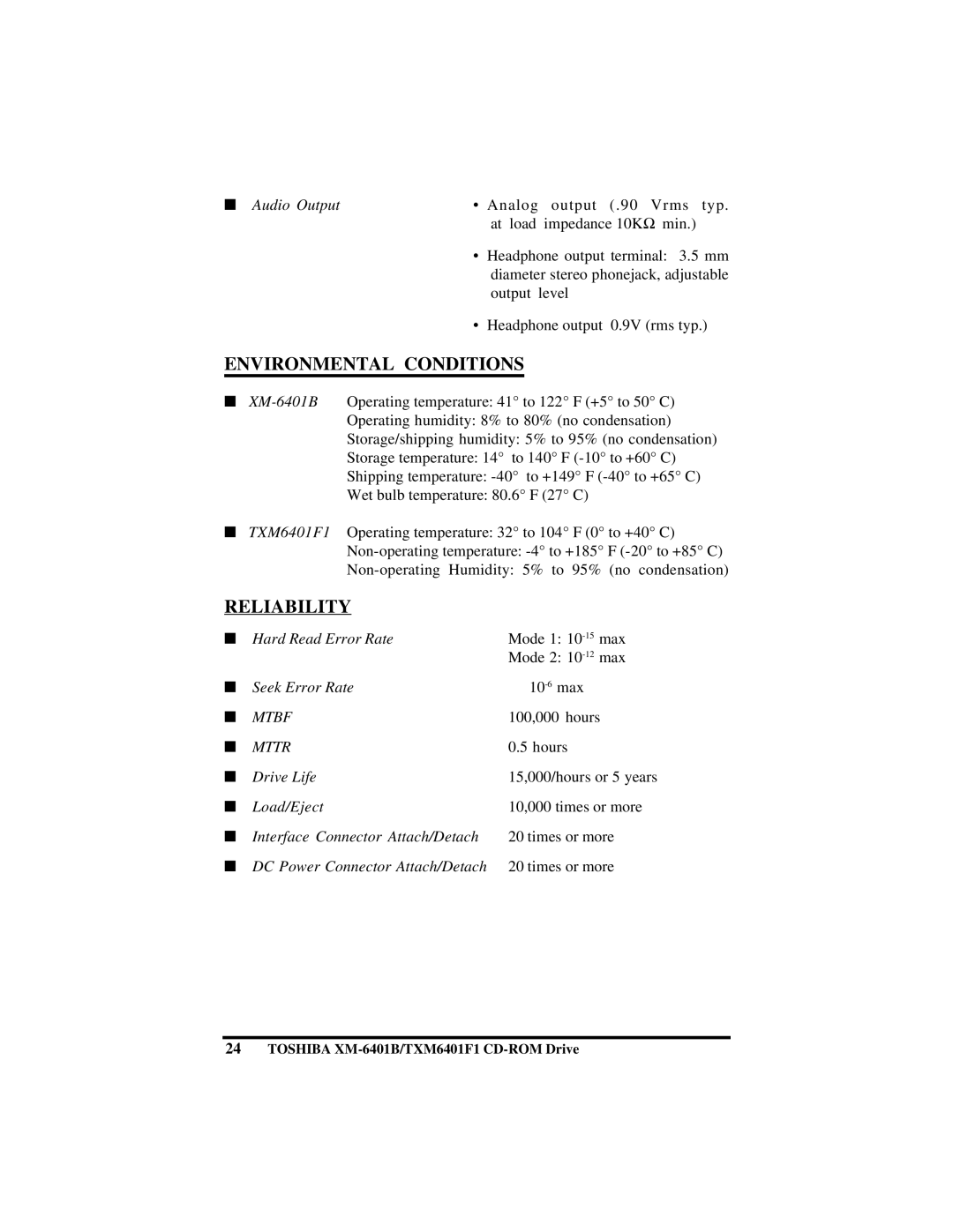 Toshiba (T)XM6401B/F1 instruction manual Environmental Conditions, Reliability 