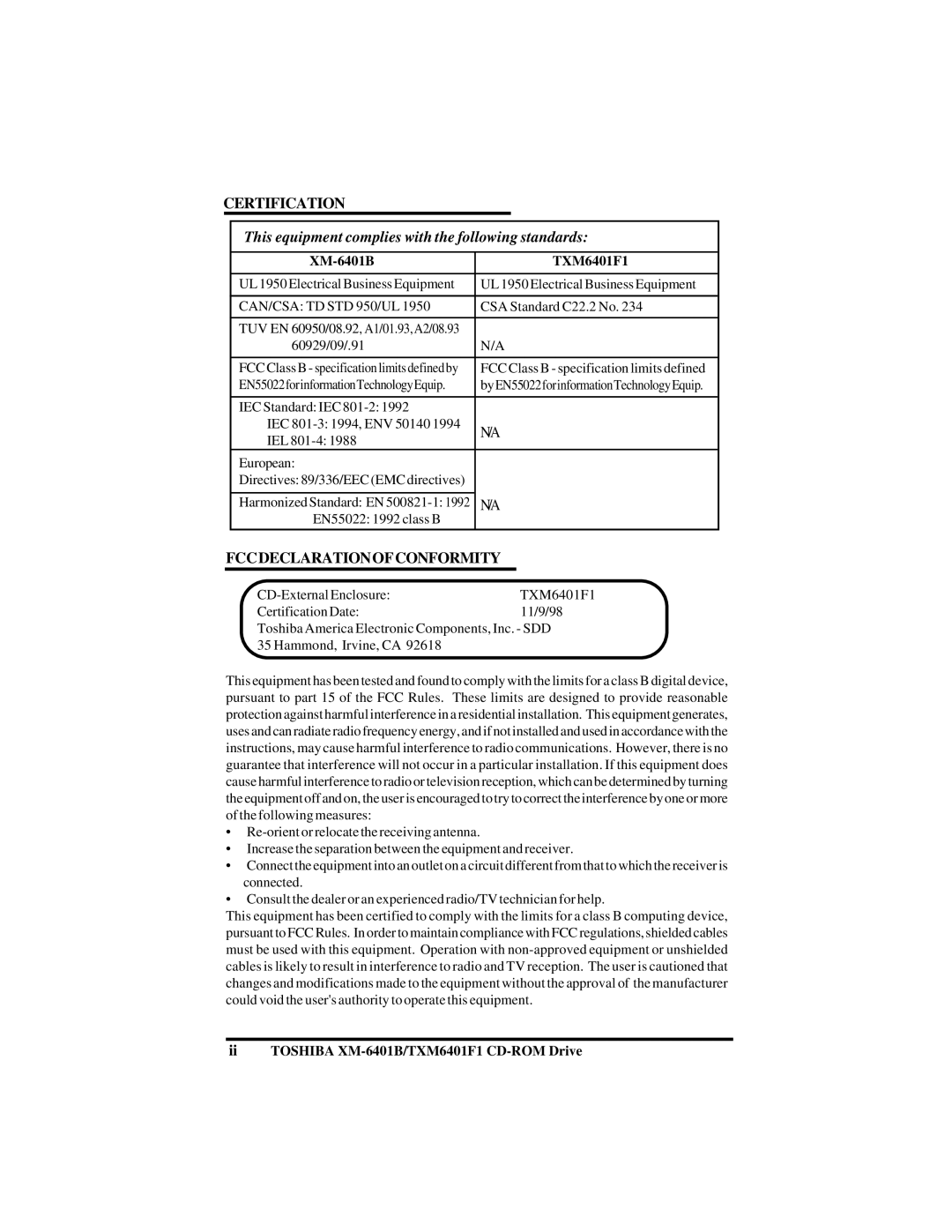 Toshiba (T)XM6401B/F1 instruction manual This equipment complies with the following standards 