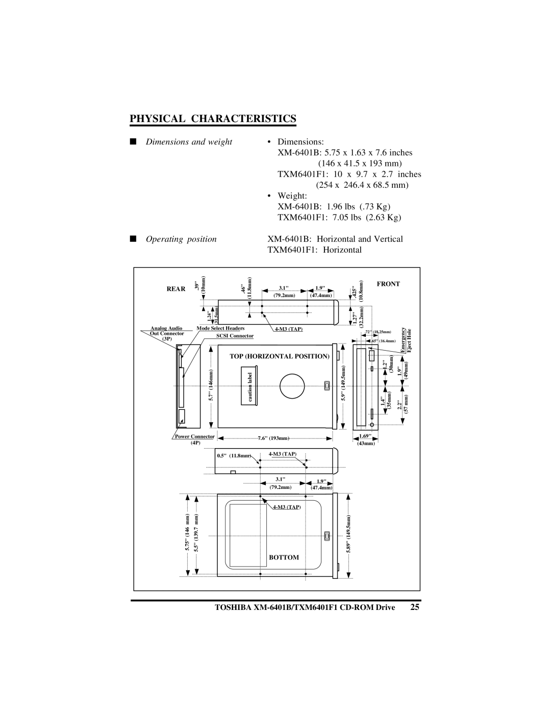 Toshiba (T)XM6401B/F1 instruction manual Physical Characteristics, Front 