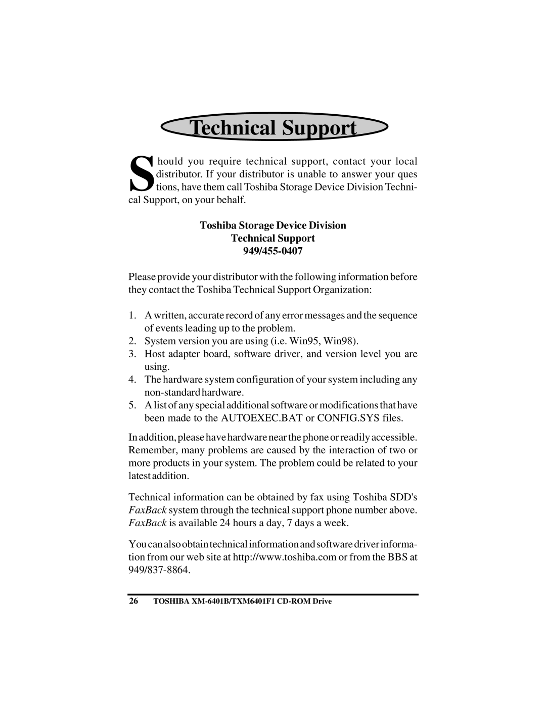 Toshiba (T)XM6401B/F1 instruction manual Technical Support 