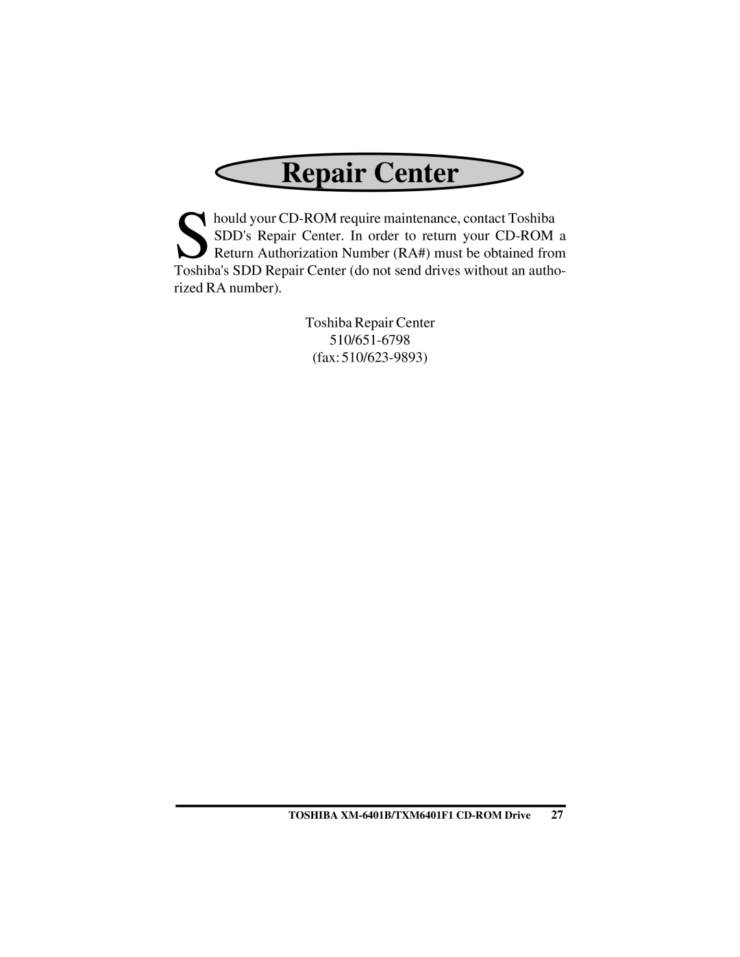 Toshiba (T)XM6401B/F1 instruction manual Repair Center 