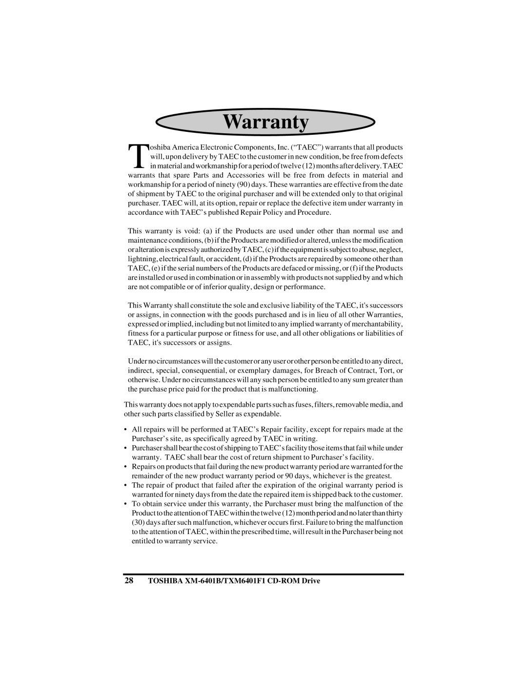 Toshiba (T)XM6401B/F1 instruction manual Warranty 