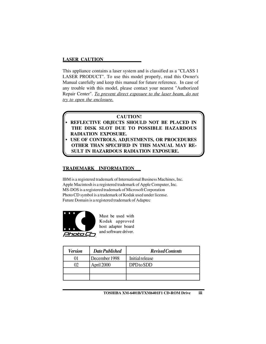 Toshiba (T)XM6401B/F1 instruction manual Version DatePublished RevisedContents, Trademark Information 