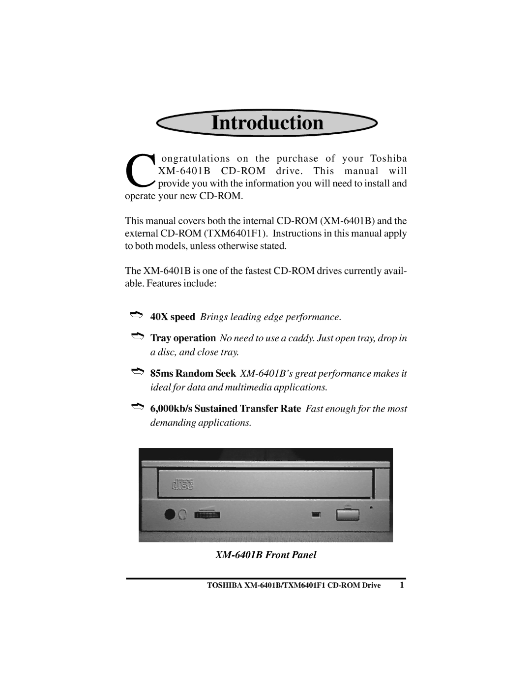 Toshiba (T)XM6401B/F1 instruction manual Introduction, XM-6401B Front Panel 