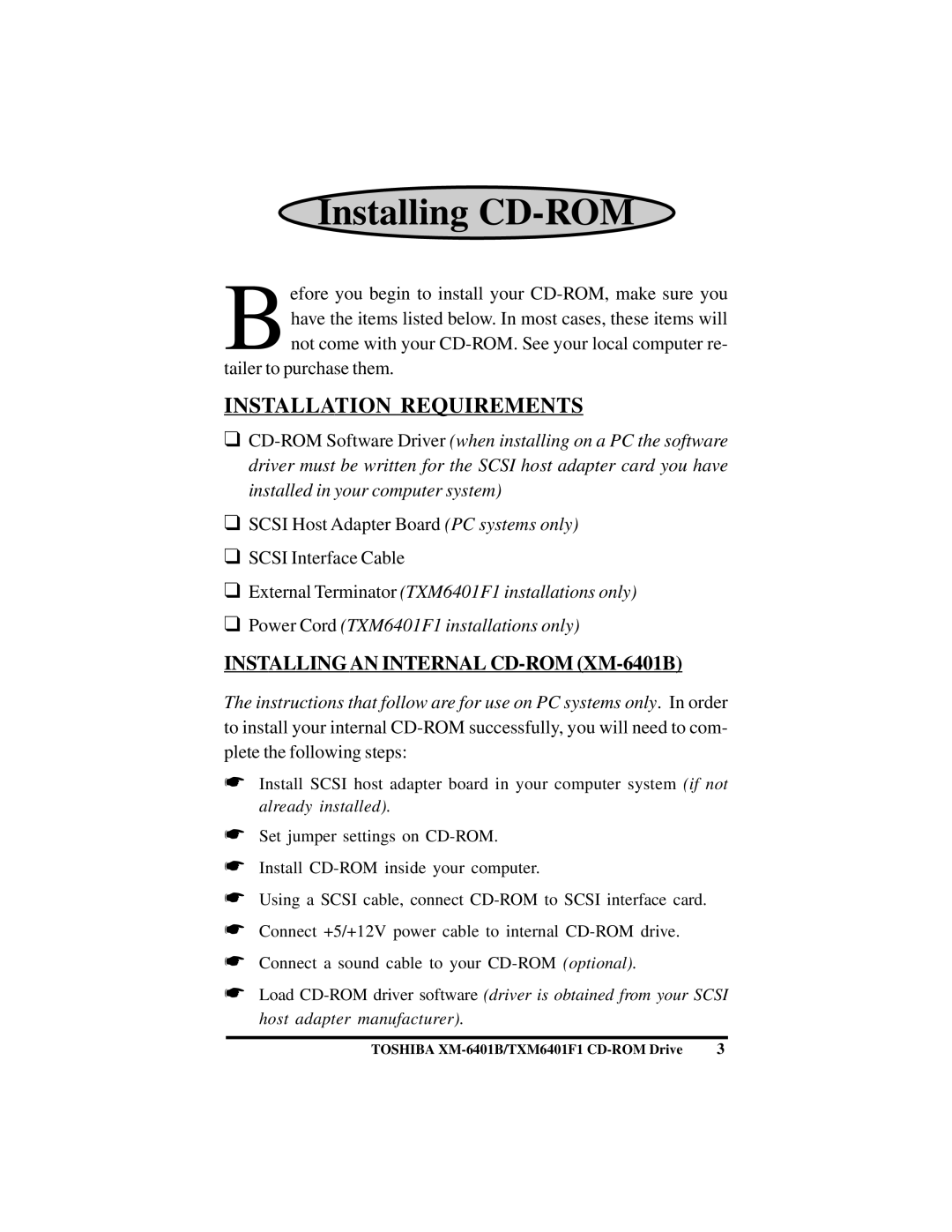 Toshiba (T)XM6401B/F1 instruction manual Installing CD-ROM, Installation Requirements 