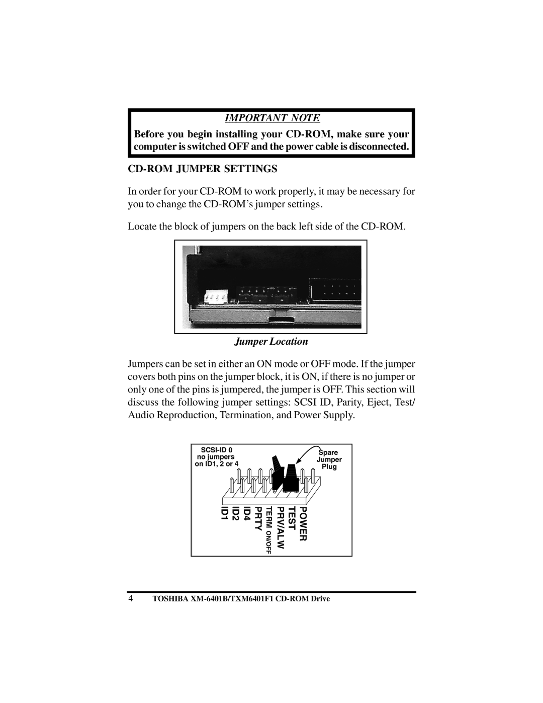 Toshiba (T)XM6401B/F1 instruction manual CD-ROM Jumper Settings, Jumper Location 