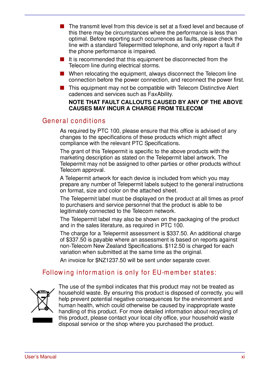 Toshiba U200 user manual General conditions, Following information is only for EU-member states 